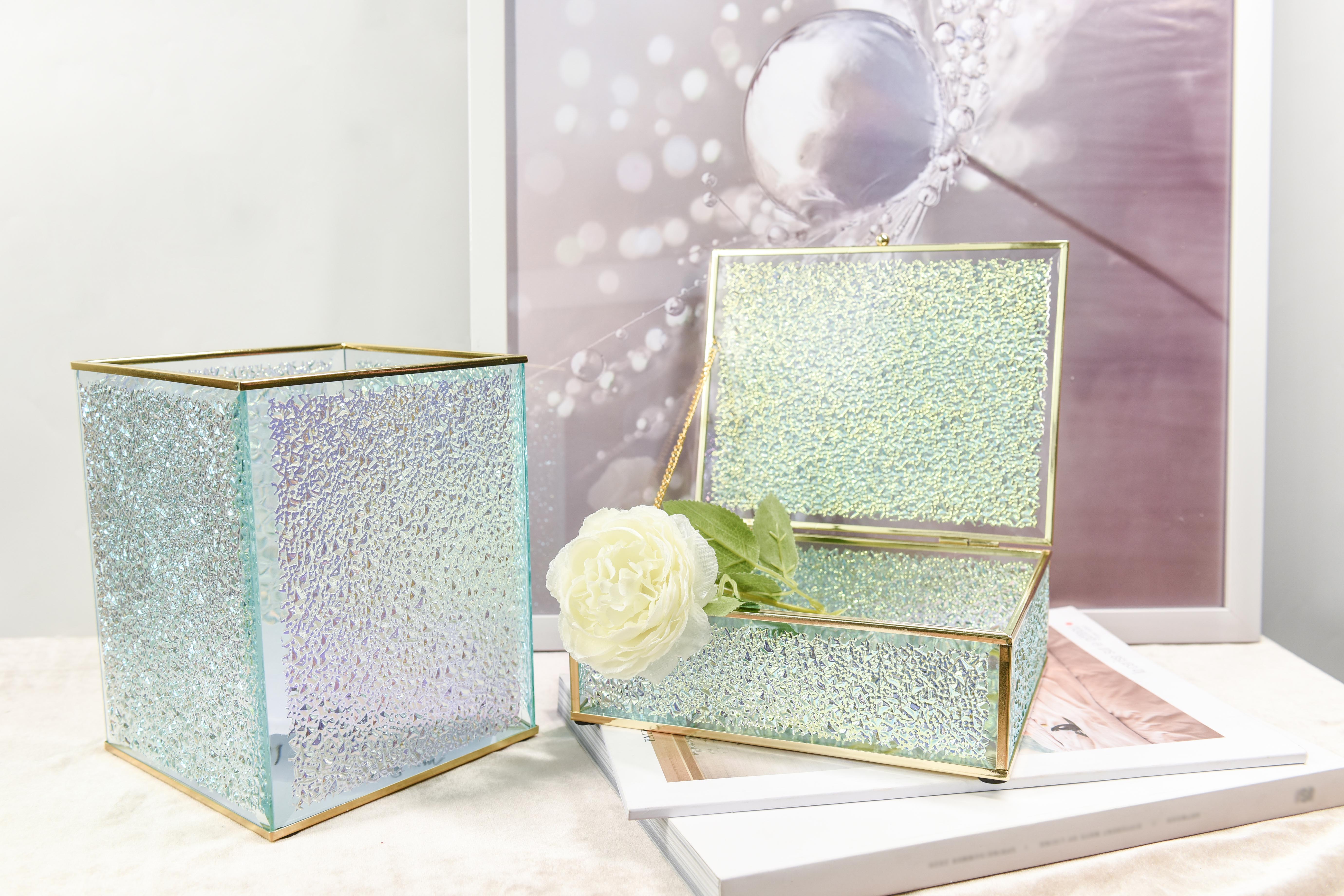 Custom vintage mirror crystal jewelry box storage glass rectangle boxes with metal frame