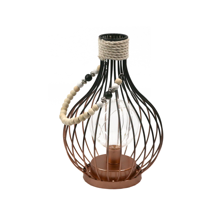 Home Decor LED Metal light Lantern with wooden beads handle