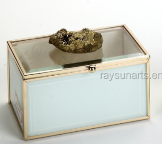Rectangular And Brass Gold Glass jewellery gift box With Decorative Stone Top