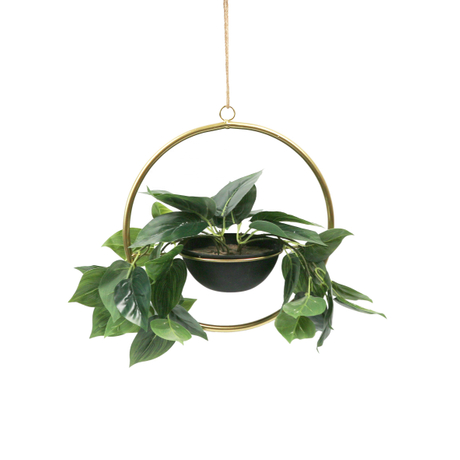 metal hanging pot and planter with artificial plant decoration