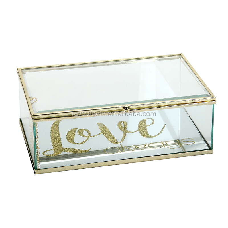 Vintage Style Brass Metal & Clear Glass Jewelry Box with Hinged Top Lid and Love Printing
